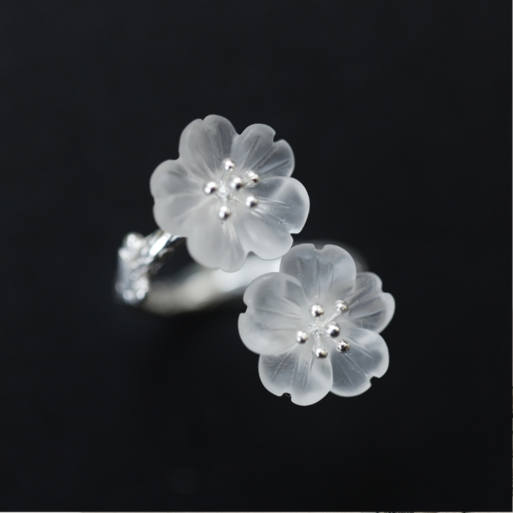 東方美學立體透明水晶花朵樹枝純銀戒指兩朵花-設計所在