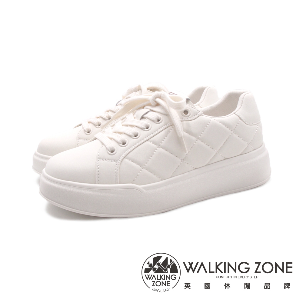 WALKING ZONE(女)菱格麵包小白鞋休閒鞋 女鞋-米白色