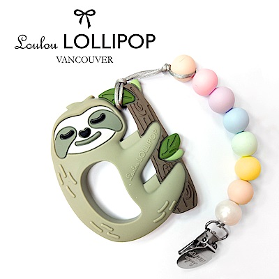 加拿大Loulou lollipop嬰幼兒造型慢吞吞樹懶固齒器組/奶嘴鍊夾-棉花糖