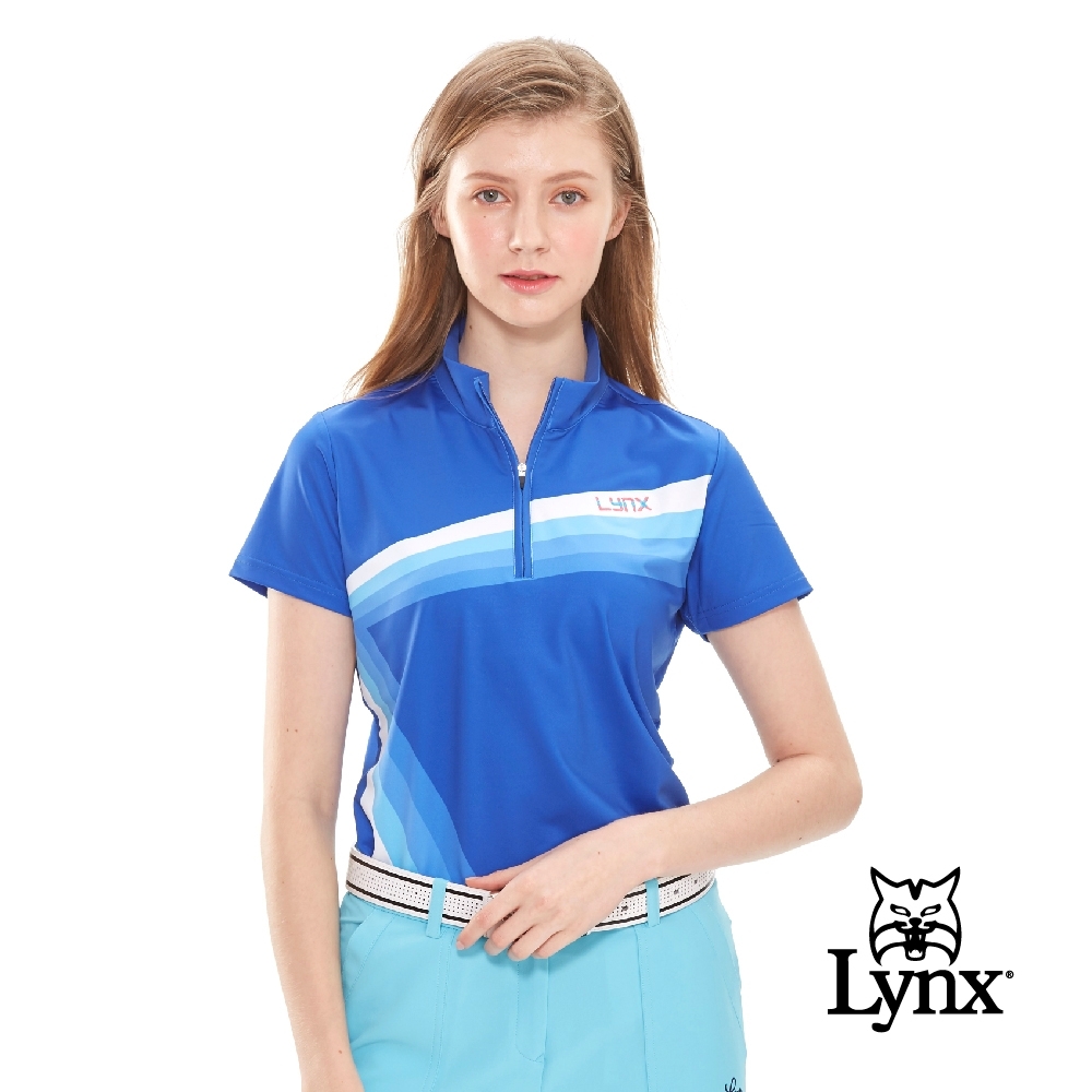 【Lynx Golf】女款吸汗速乾條紋跳色繡花短袖立領POLO衫-寶藍色