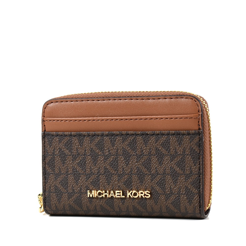 MICHAEL KORS 緹花LOGO防刮皮革拉鍊零錢包/卡包-咖啡棕