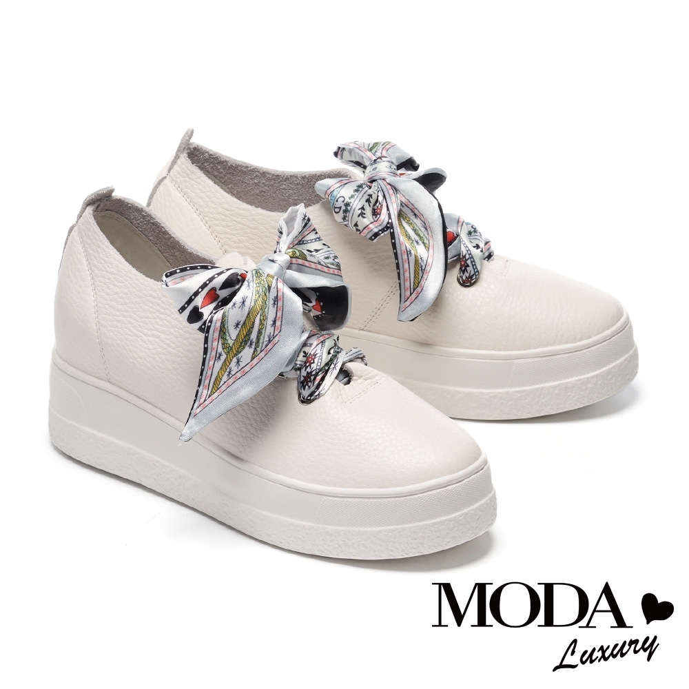 休閒鞋 MODA Luxury 法式優雅花緞布綁帶全真皮厚底休閒鞋－白