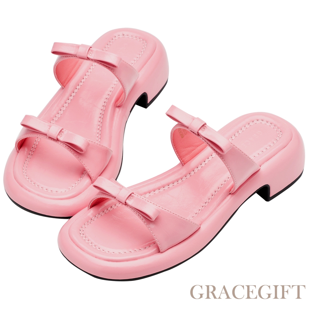 【Grace Gift】俏皮蝴蝶結一字雙帶中跟拖鞋 粉紅