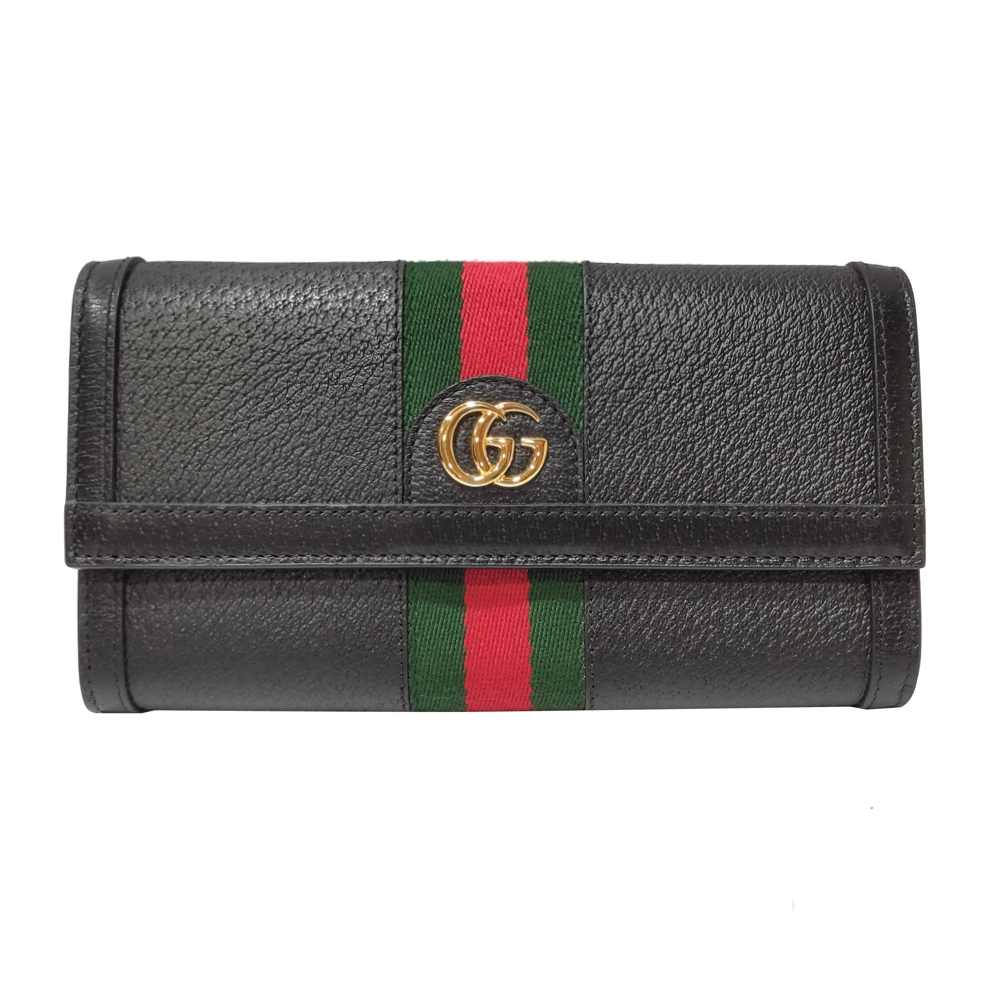 【GUCCI 古馳】719886 經典Ophidia系列金色LOGO皮革拼接綠紅綠織帶信封式翻蓋長夾(黑色)