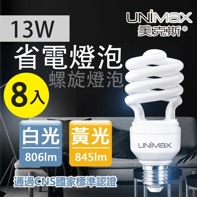 【美克斯UNIMAX】13W 螺旋燈泡 省電燈泡 E27 節能 省電 高效能 8入