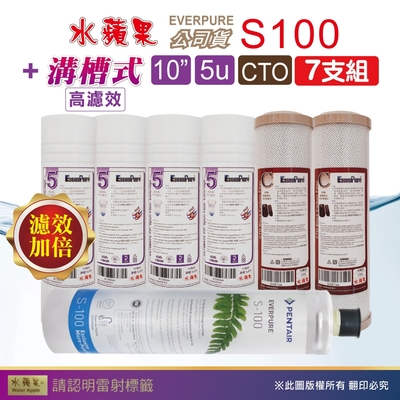 【水蘋果】Everpure S100 公司貨濾心+WAP-110高濾效10吋溝槽5uPP濾心+CTO活性碳濾心(7支組)