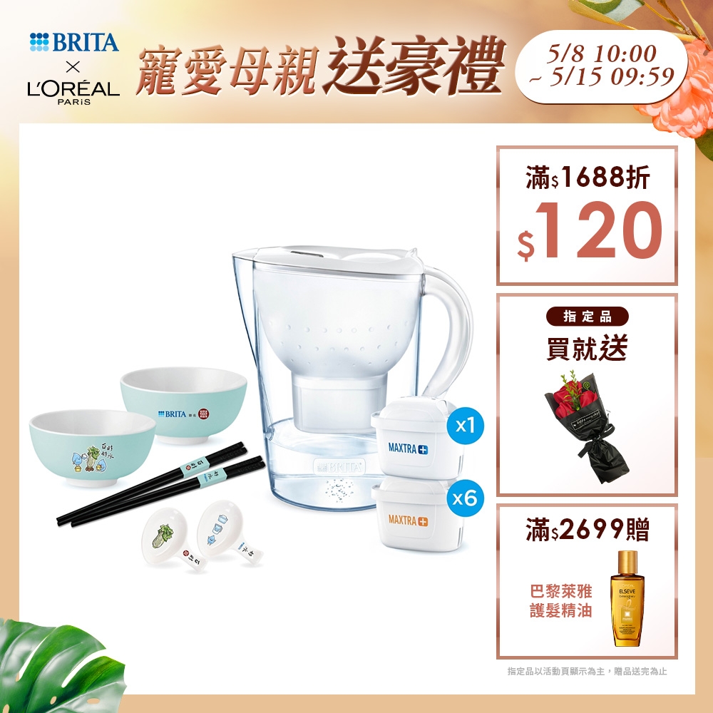 德國BRITA 百財好水禮盒 馬利拉濾水壺3.5L(白)+7芯 贈故宮聯名碗筷組