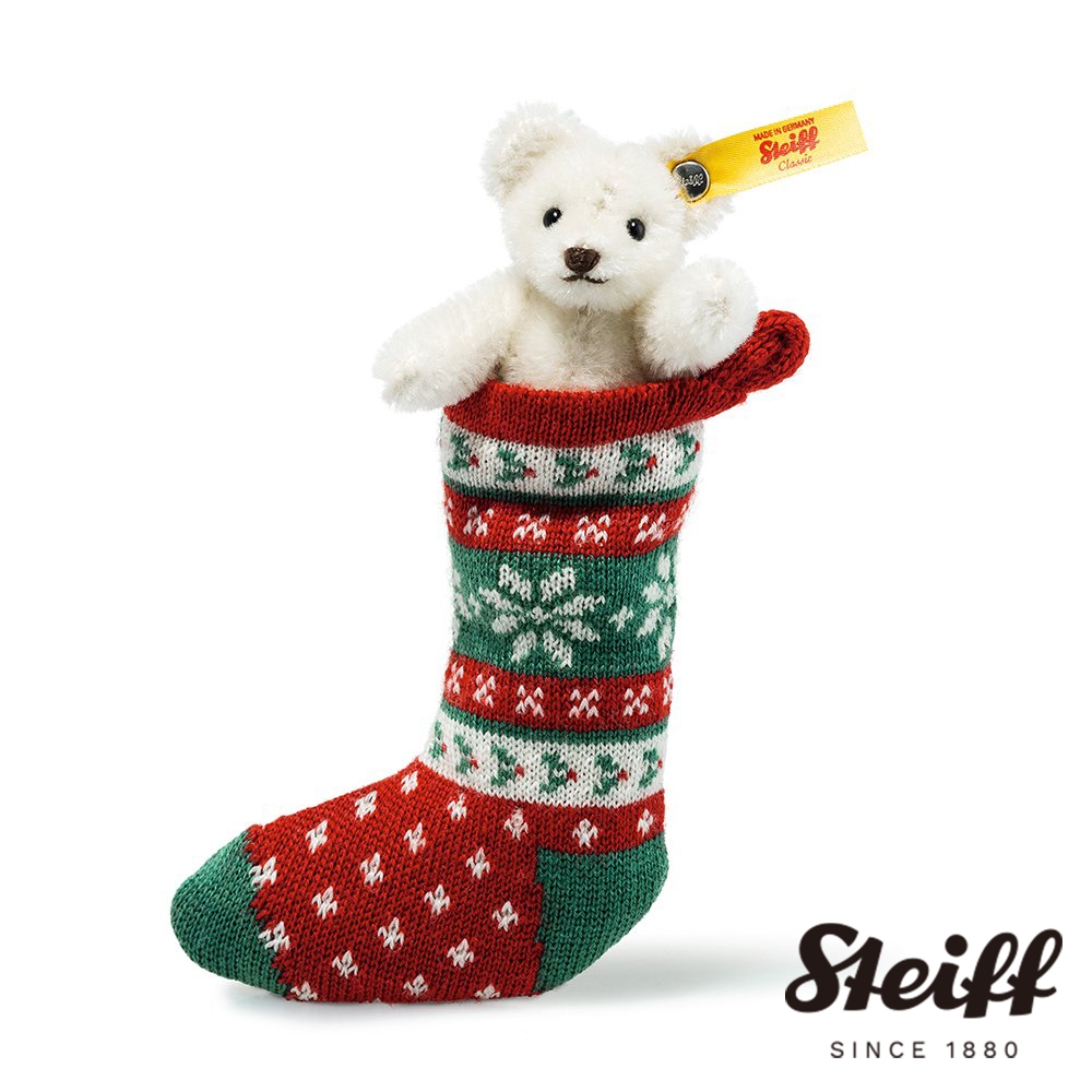 STEIFF德國金耳釦泰迪熊 Mini Teddy Bear in sock 聖誕襪 經典泰迪熊_黃標