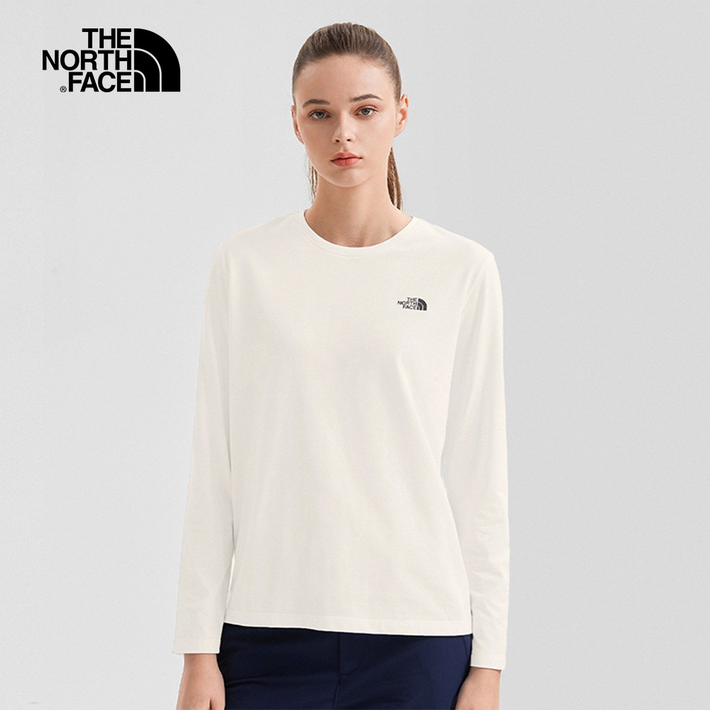 The North Face 官方旗艦】北面女款米白色吸濕排汗經典LOGO長袖上衣