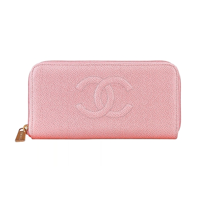 chanel 雙c logo牛皮4卡拉鍊長夾(展示品/粉紅)