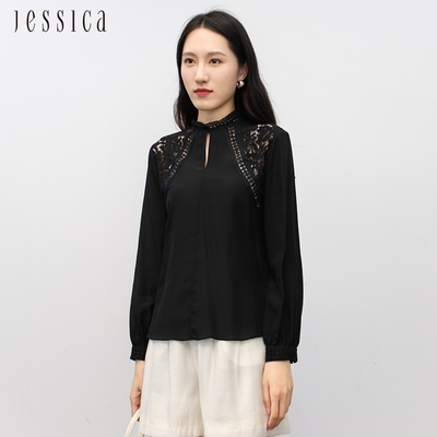 JESSICA - 舒適蠶絲鏤空蕾絲拼接長袖真絲襯衫233Z31