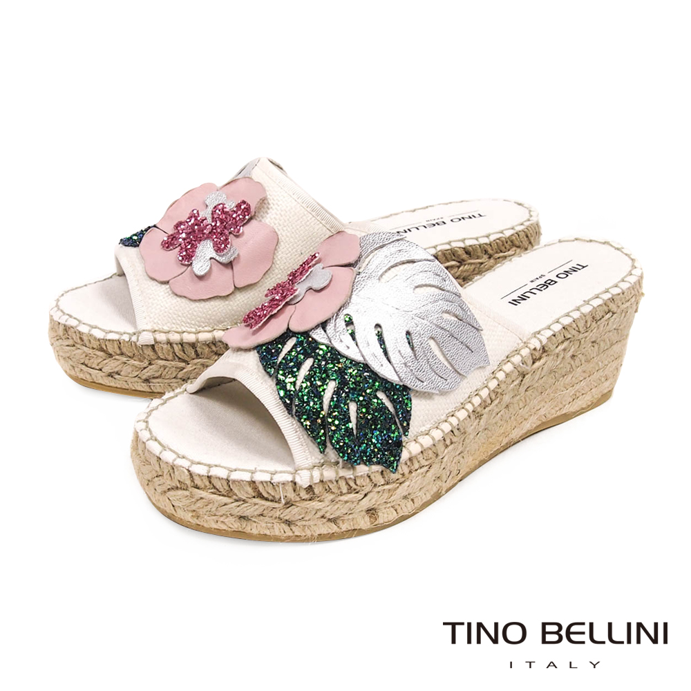 Tino Bellini 西班牙進口亮彩花妍麻編楔型涼拖鞋 _ 白