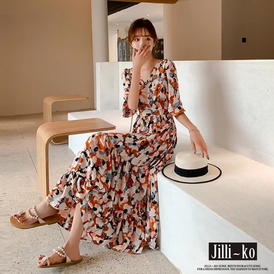 JILLI-KO V領質感碎花縮腰顯瘦桔梗連衣裙- 橘色