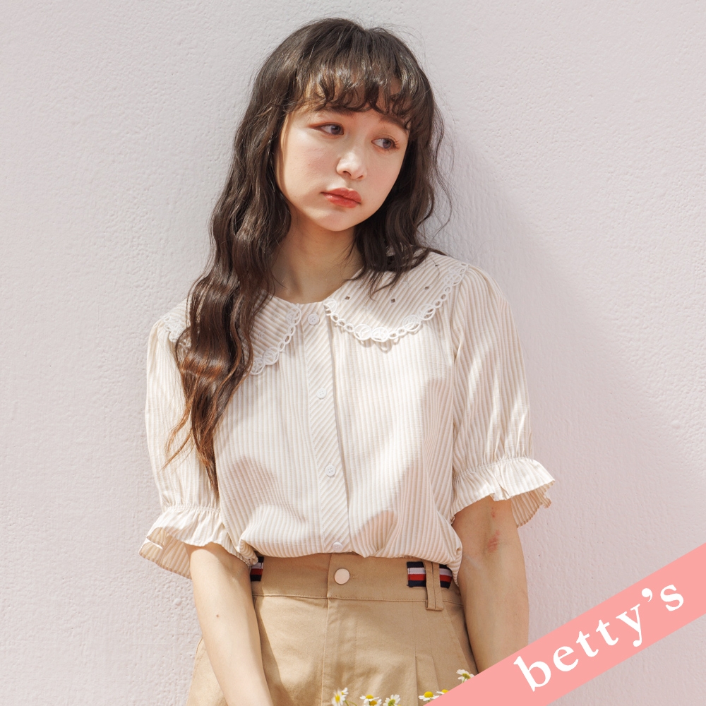 betty’s貝蒂思　領邊圈圈刺繡條紋公主袖襯衫(卡其色)