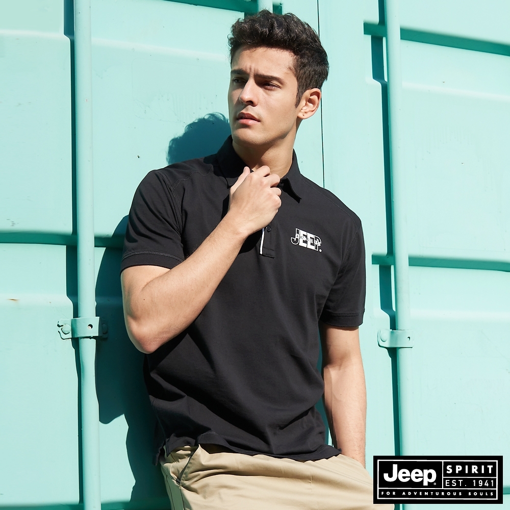 Jeep 男裝 極簡LOGO短袖POLO衫-黑色