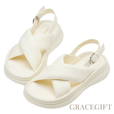 【Grace Gift】交叉Q彈寬帶澎澎厚底涼鞋 米白