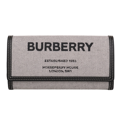 BURBERRY 黑標字母標誌帆布拚皮革邊翻釦長夾(黑灰x黑邊)