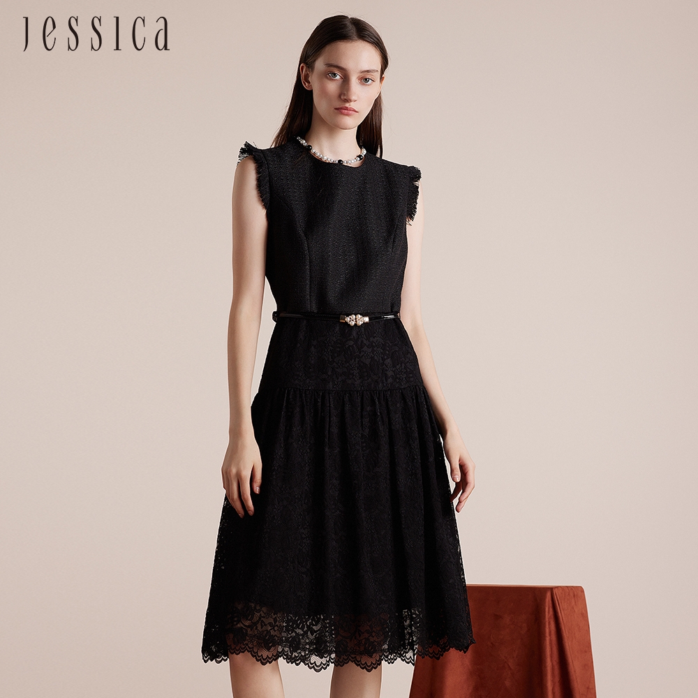 JESSICA - 氣質修身花呢須邊無袖拼接蕾絲洋裝J30527