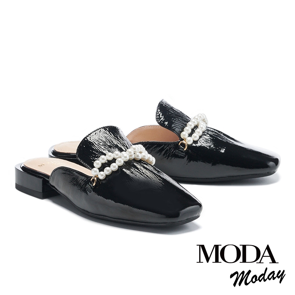 穆勒鞋 MODA MODAY 別致奢華珍珠鏈全真皮方頭低跟穆勒拖鞋－黑