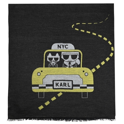 KARL LAGERFELD 卡爾計程車公仔圖案長型大圍巾/披肩 (黑)