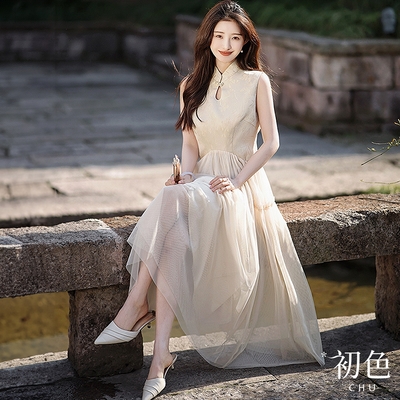 初色 新中式改良旗袍純色拼接修身顯瘦立領簍空無袖連身裙洋裝-米色-33534(M-XL可選)