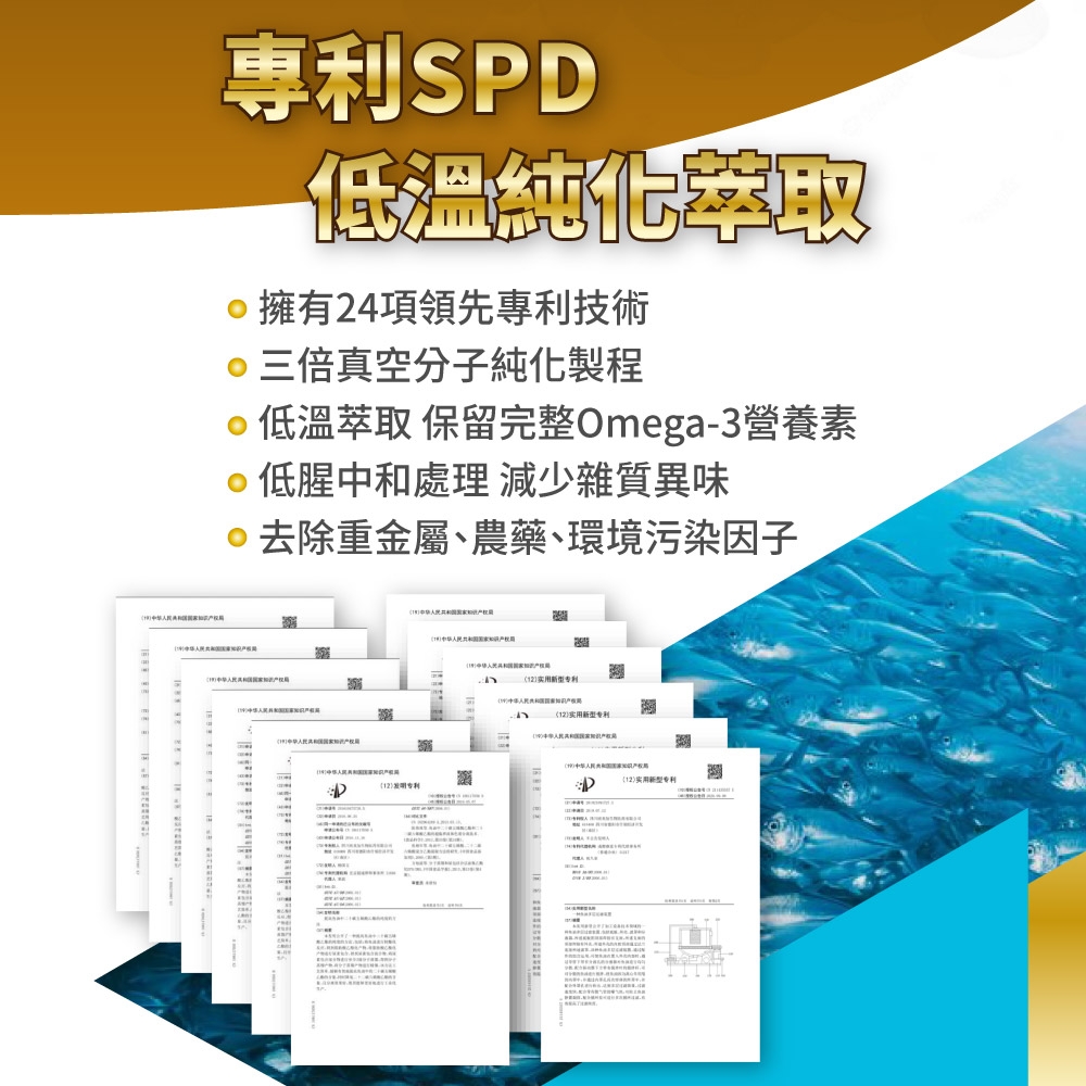 專利SD低溫萃取擁有24項領先專利技術三倍真空分子純化製程低溫萃取 保留完整Omega-3營養素低腥中和處理 減少雜質異味去除重金屬、農藥、環境污染因子經专利P