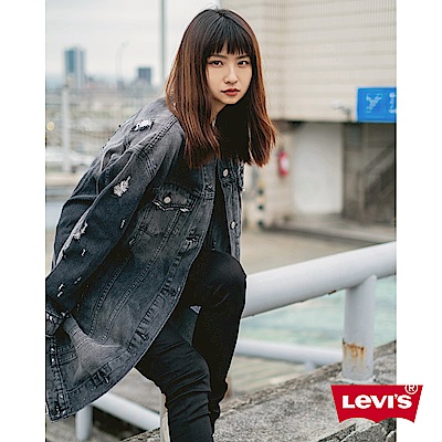 Levis 女款 牛仔外套 長版Oversize 黑灰破壞