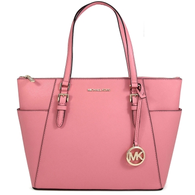 MICHAEL KORS Charlotte大款 金字大圓標Logo防刮皮革雙側口袋托特肩背包(大-茶花粉)