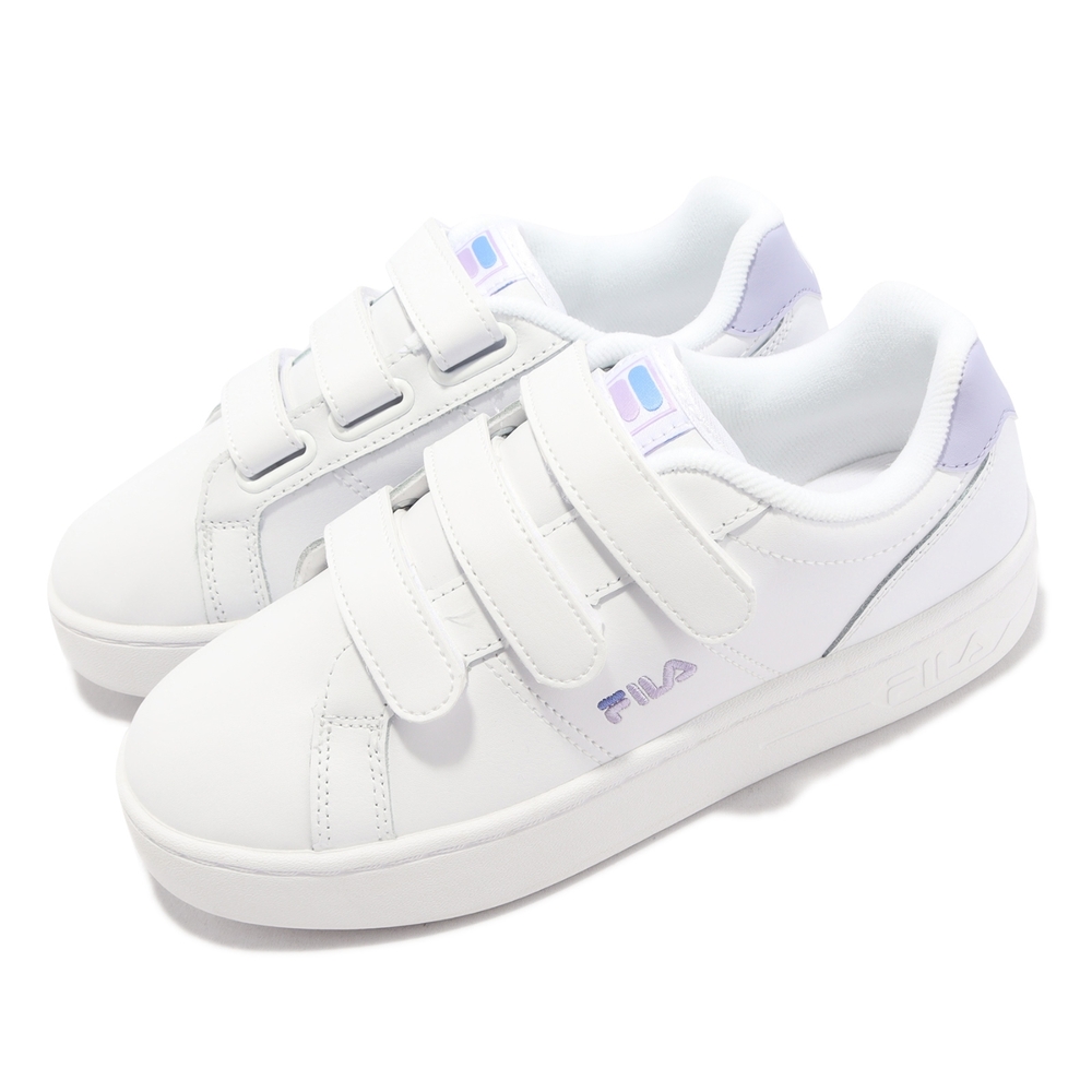 Fila 休閒鞋 Court Deluxe 女鞋 白 紫色 厚底 增高 魔鬼氈 低筒 皮革 4C302X119