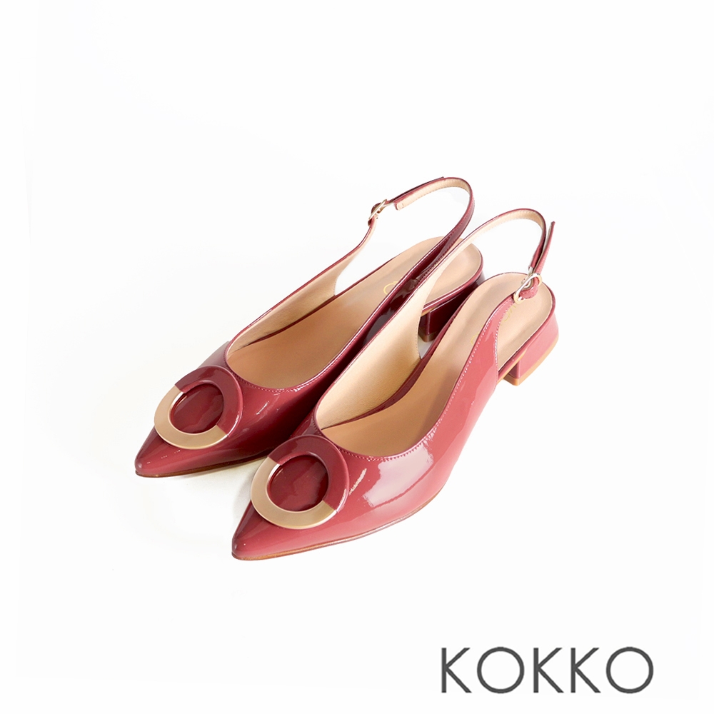 KOKKO簡約時尚尖頭漆皮後繫帶低跟鞋豆沙紅