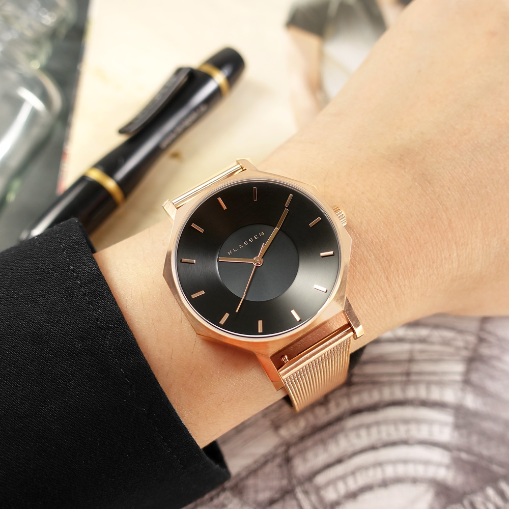 KLASSE14 / 簡約風格 八角造型 日本機芯 米蘭編織不鏽鋼手錶-黑x玫瑰金/36mm