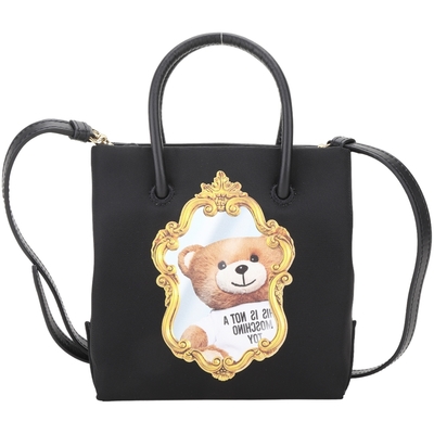 MOSCHINO 鏡框泰迪熊印花尼龍手提 斜背托特包(黑色)