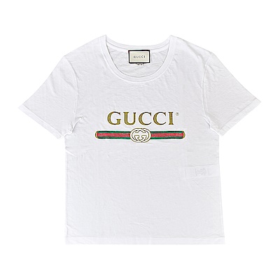 GUCCI經典復古綠紅綠印花LOGO純棉T卹(白)