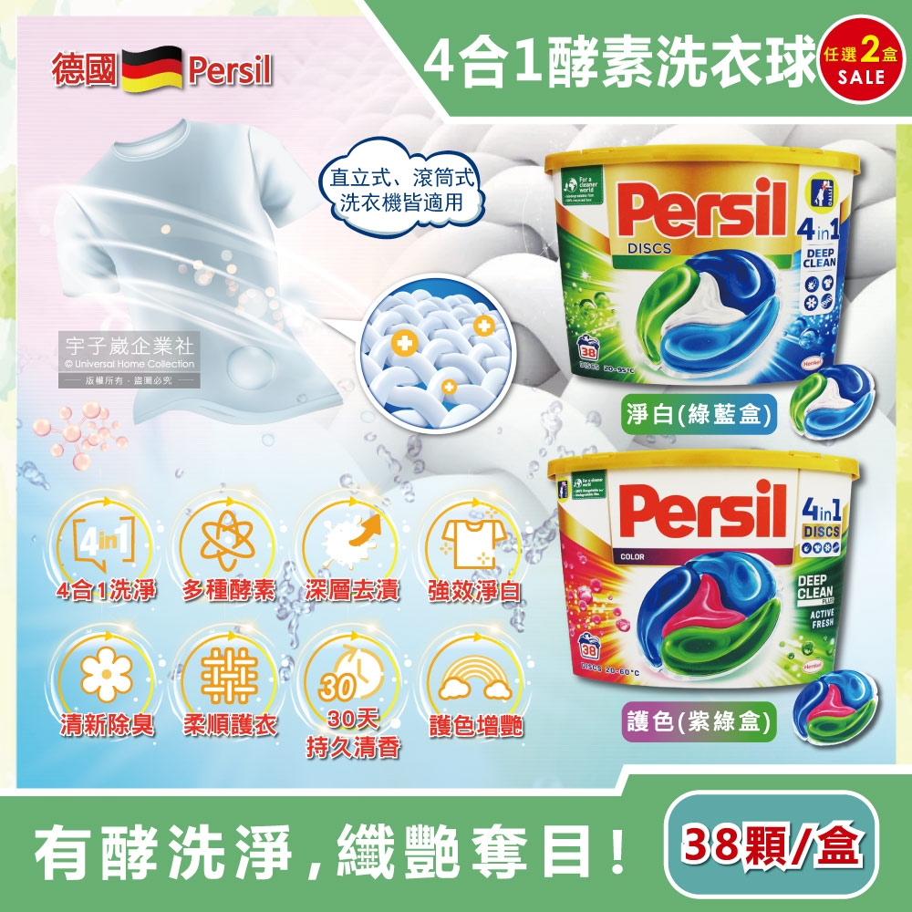 (2盒76顆超值組)德國Persil-新升級全效4合1炫彩去污除臭亮白護衣酵素洗衣凝膠球38顆/盒