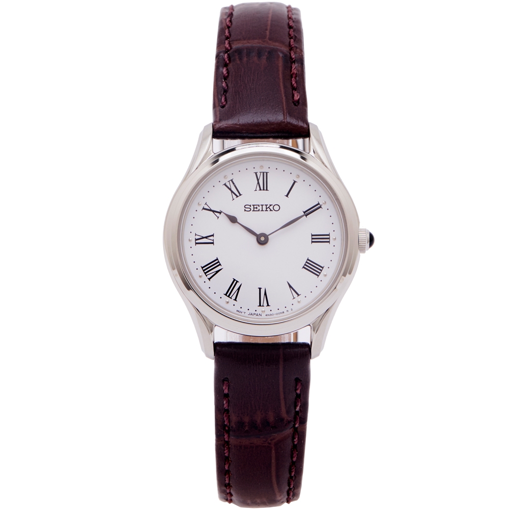 SEIKO CS系列 羅馬數字刻度款皮革錶帶手錶(SWR071P1)-白面X咖啡色/29mm