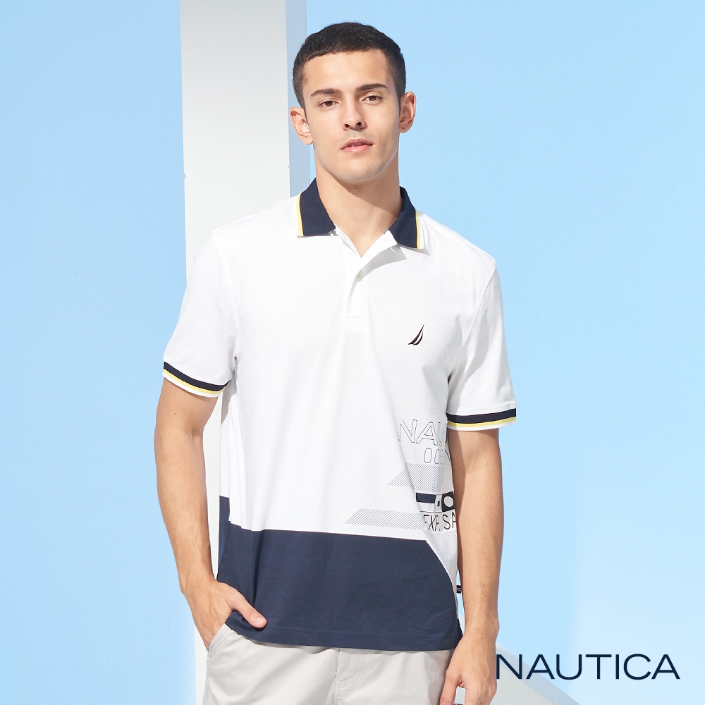 Nautica 男裝旗語大圖騰印花短袖POLO衫-白