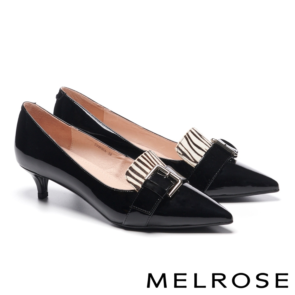低跟鞋 MELROSE 知性時髦金屬飾釦異材質拼接全真皮尖頭低跟鞋－黑白