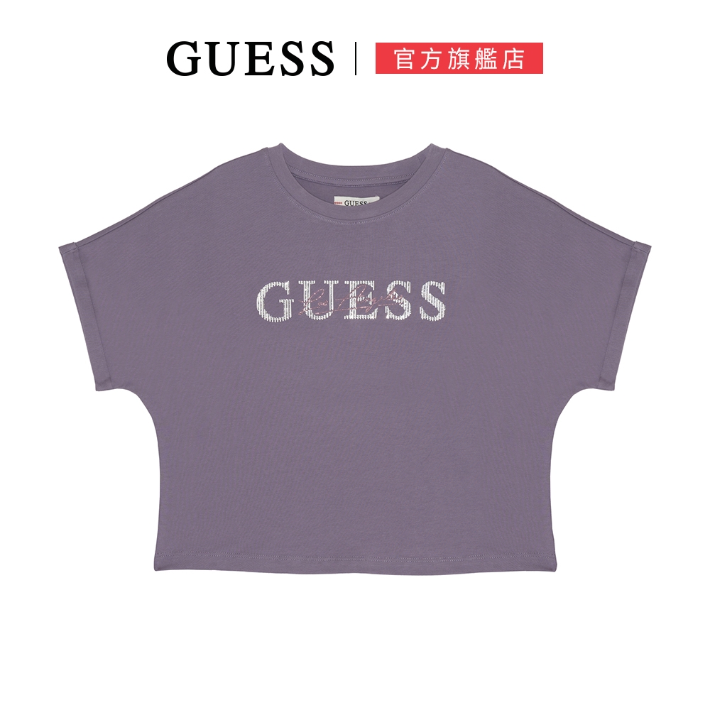 【GUESS】短版螺紋小鑽LOGO短T-三色可選 (紫)