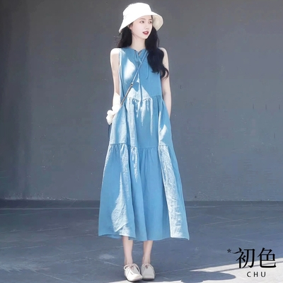 初色 清涼感無袖綁帶背心蛋糕裙連身裙長版洋裝-藍色-69533(M/L可選)