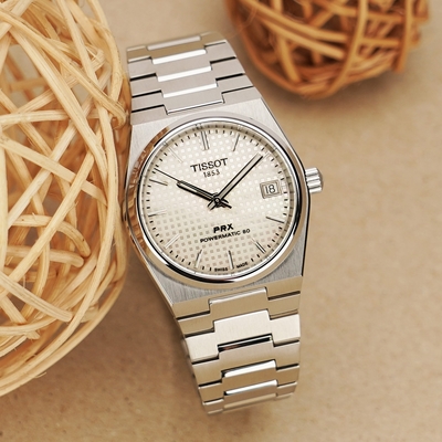 TISSOT 天梭 官方授權 PRX系列 70年代復刻機械女錶 迎春好禮-白/35mm T1372071111100