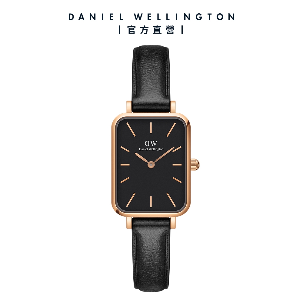 Daniel Wellington DW 手錶 Quadro Sheffield 20X26經典黑真皮皮革小方錶 玫瑰金 DW00100435