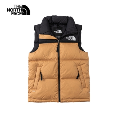 【The North Face 官方旗艦】【經典ICON】北面男款棕黑拼接防潑水舒適保暖可收納連帽羽絨背心｜3JQQI0J