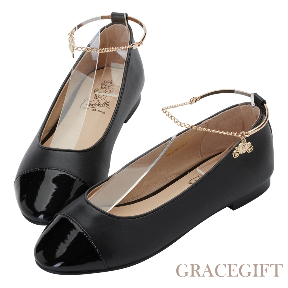 【Grace Gift】仙杜瑞拉踝鍊芭蕾平底娃娃鞋 黑