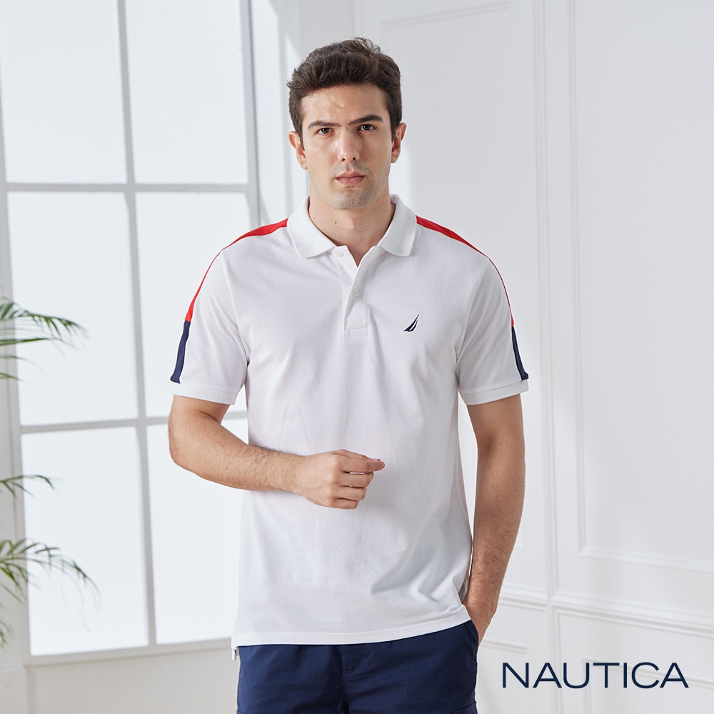 Nautica 男裝 純棉拼接撞色短袖POLO衫-白色