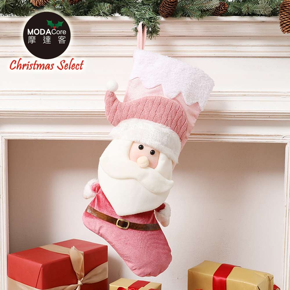 摩達客耶誕-夢幻聖誕老公公絨布粉紅聖誕襪