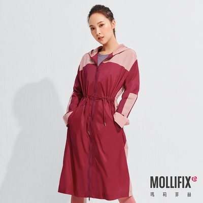 Mollifix 瑪莉菲絲 撞色連帽長版風衣外套 (酒紅+卡其) 暢貨出清、保暖、防風、羽絨外套