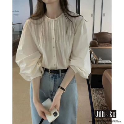 JILLI-KO 燈籠袖褶皺襯衫女法式氣質圓領設計感- 白色