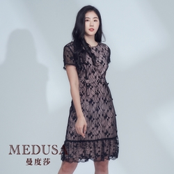 現貨【MEDUSA 曼度莎】蕾絲藕粉網紗小禮服（M-2L）｜禮服洋裝 連身裙 婚禮洋裝