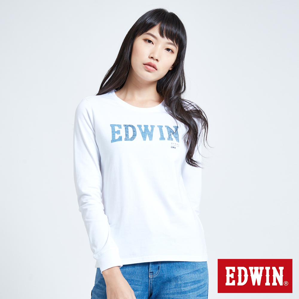 EDWIN 職人手作 牛仔印花LOGO長袖T恤-女-白色