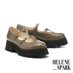 厚底鞋 HELENE_SPARK 復古T字雙帶牛皮瑪莉珍厚底鞋－綠